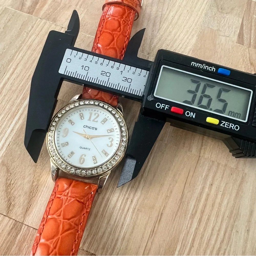 Chico’s ladies gold tone orange leather fashion watch NEW BATTERY